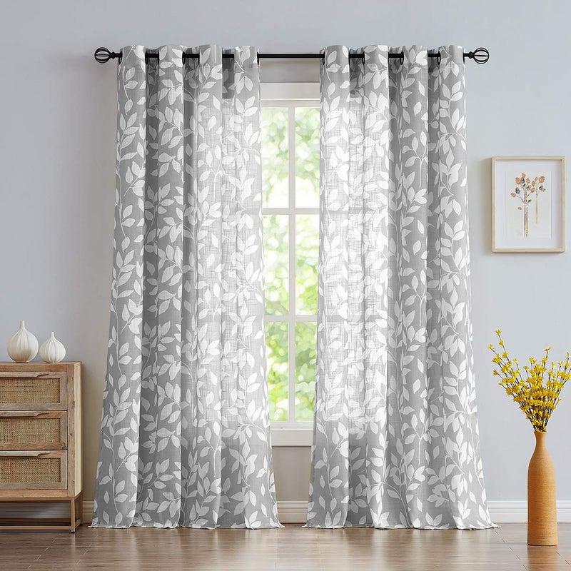 Treatmentex Grey Semi-Sheer Curtains for Bedroom 95" Long White Leaf Print Curtains for Living Room Grommet Top Window Panels, 1 Pair - Image 2